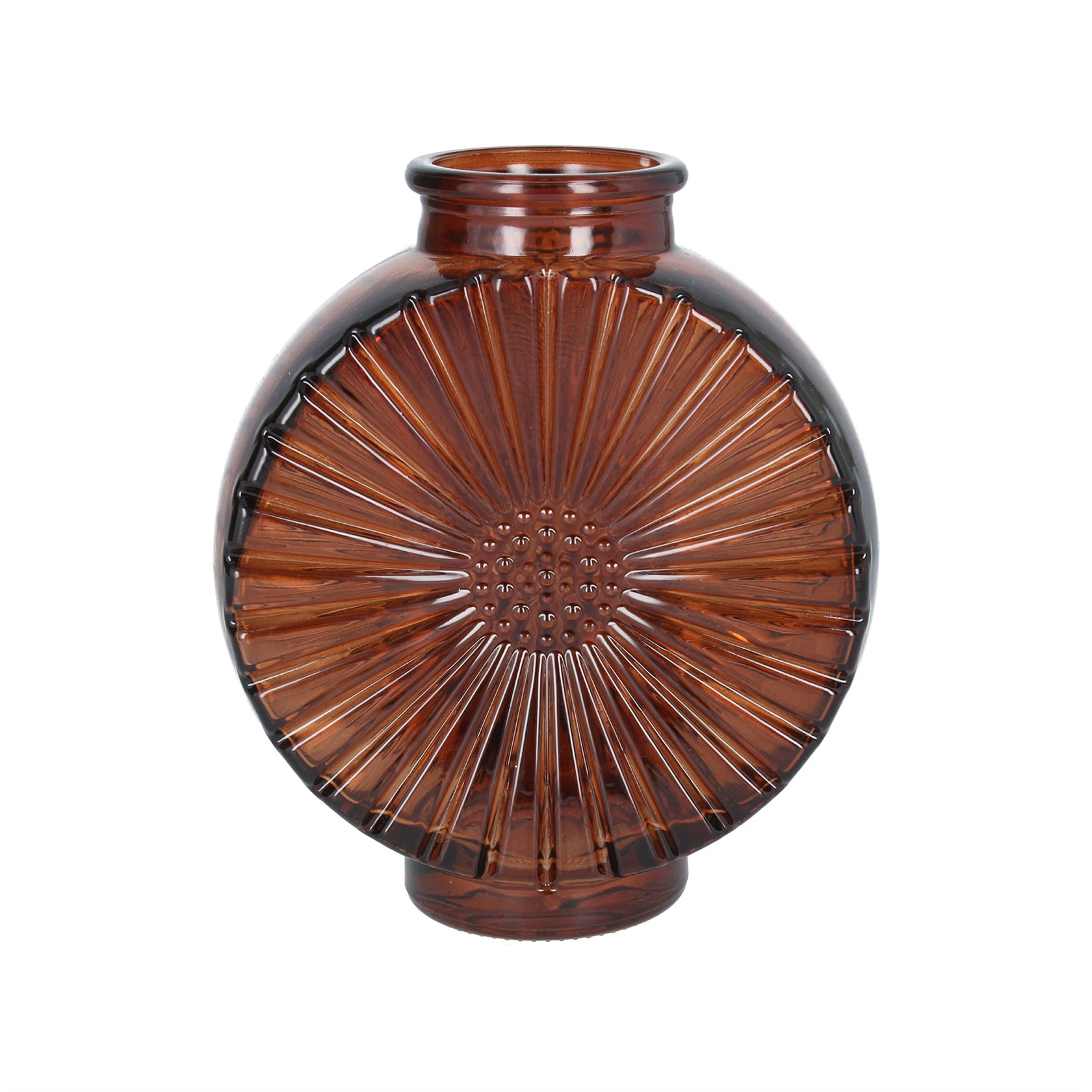 A round dark amber coloured vase with daisy detail. The perfect addition to your home or the perfect gift for yourself or a loved one. By London designer Gisela Graham.